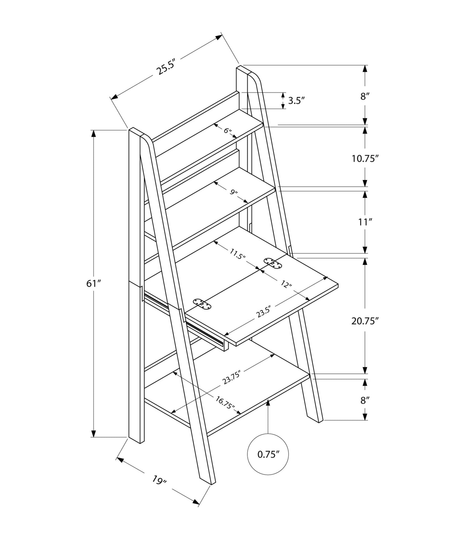 19inches x 25.5inches x 61inches White Ladder Style  Computer Desk